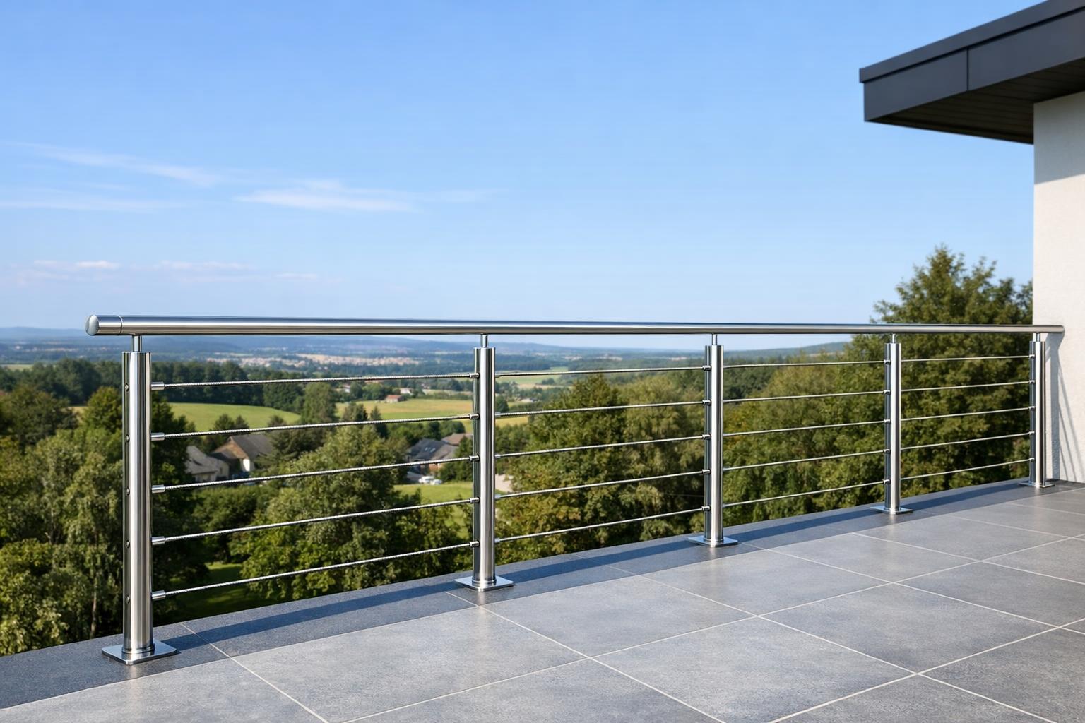 Zdjęcie nowoczesnej balustrady ze stali nierdzewnej na tarasie